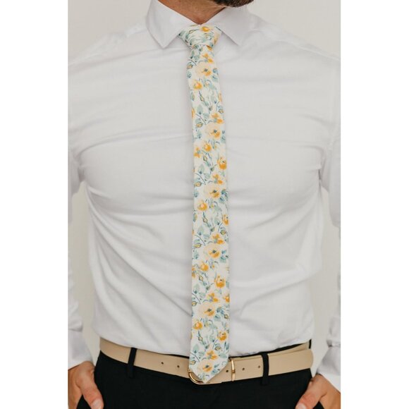 Men's Skinny Tie Floral Print Cotton Necktie Great for Weddings Butterscotch - Picture 3 of 5